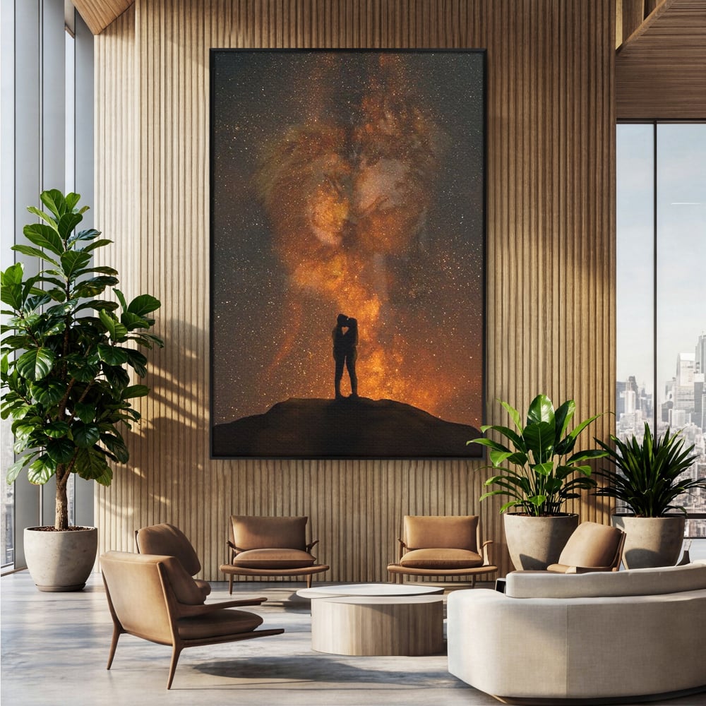 Tablou canvas cu tablou canvas cu siluete de indragostiti si constelatii, in rama de aluminiu negru, pe perete intr-un birou